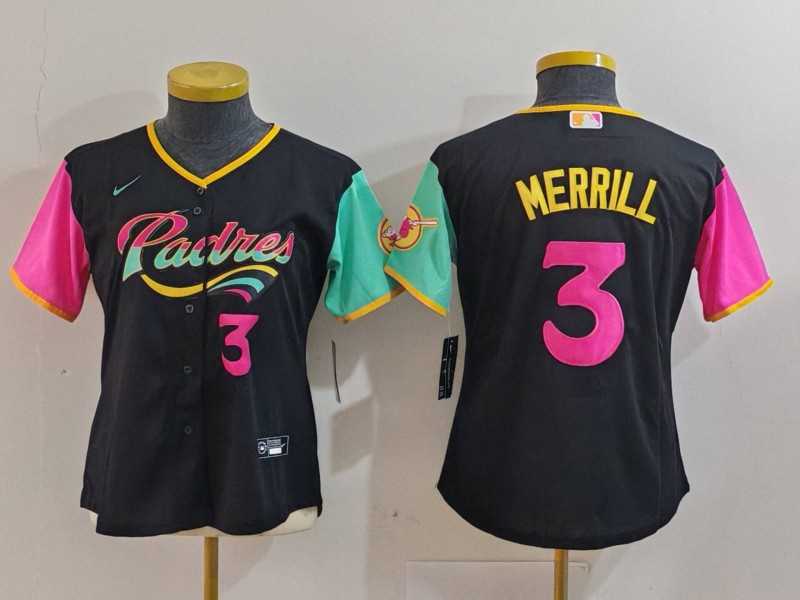 Women%27s San Diego Padres #3 Jackson Merrill Black Player Number Fashion Baseball Jersey